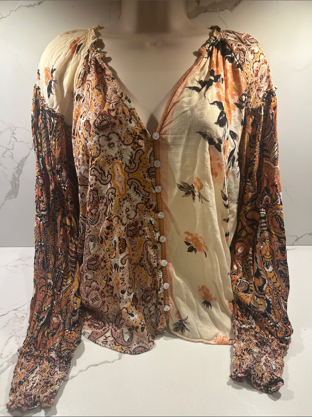 Free People Boho Button-Front Blouse - Cream & Rust